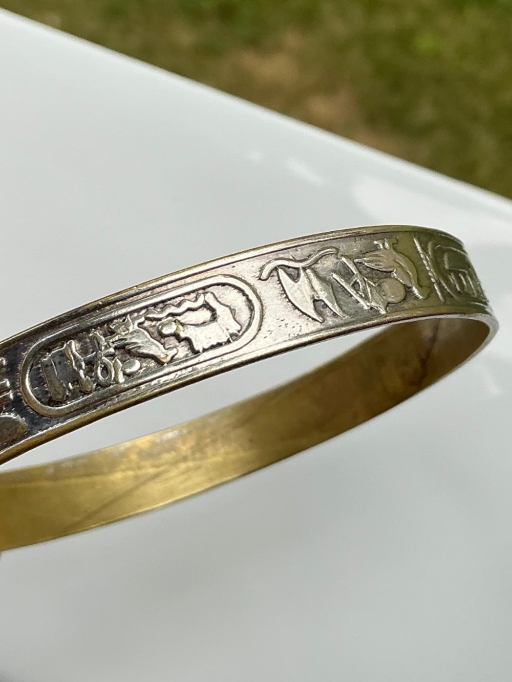 Vintage Mexican Hieroglyphic Bangle Bracelet Stamped Mixed Metal Taxco Style - Picture 2 of 15